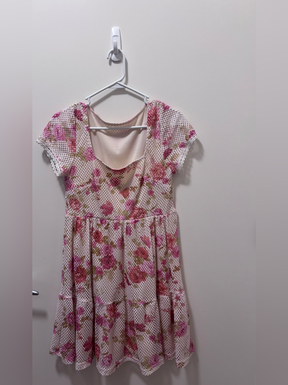 Pink Floral Print Crochet Baby Doll Dress